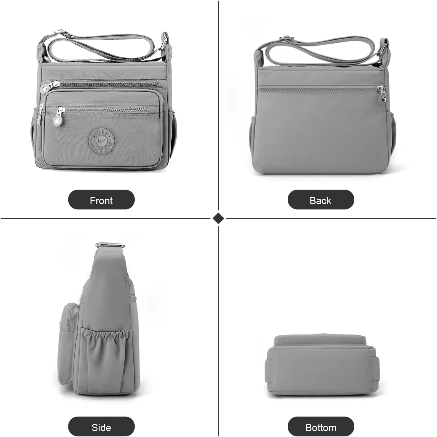 WITERY Nylon Crossboby Bag for Women - Waterproof Zipper Multi-pocket Travel Shoulder Bag Purse, Lightweight Messenger Bag