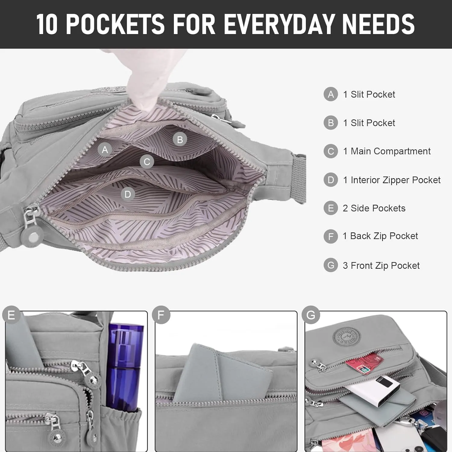 WITERY Nylon Crossboby Bag for Women - Waterproof Zipper Multi-pocket Travel Shoulder Bag Purse, Lightweight Messenger Bag