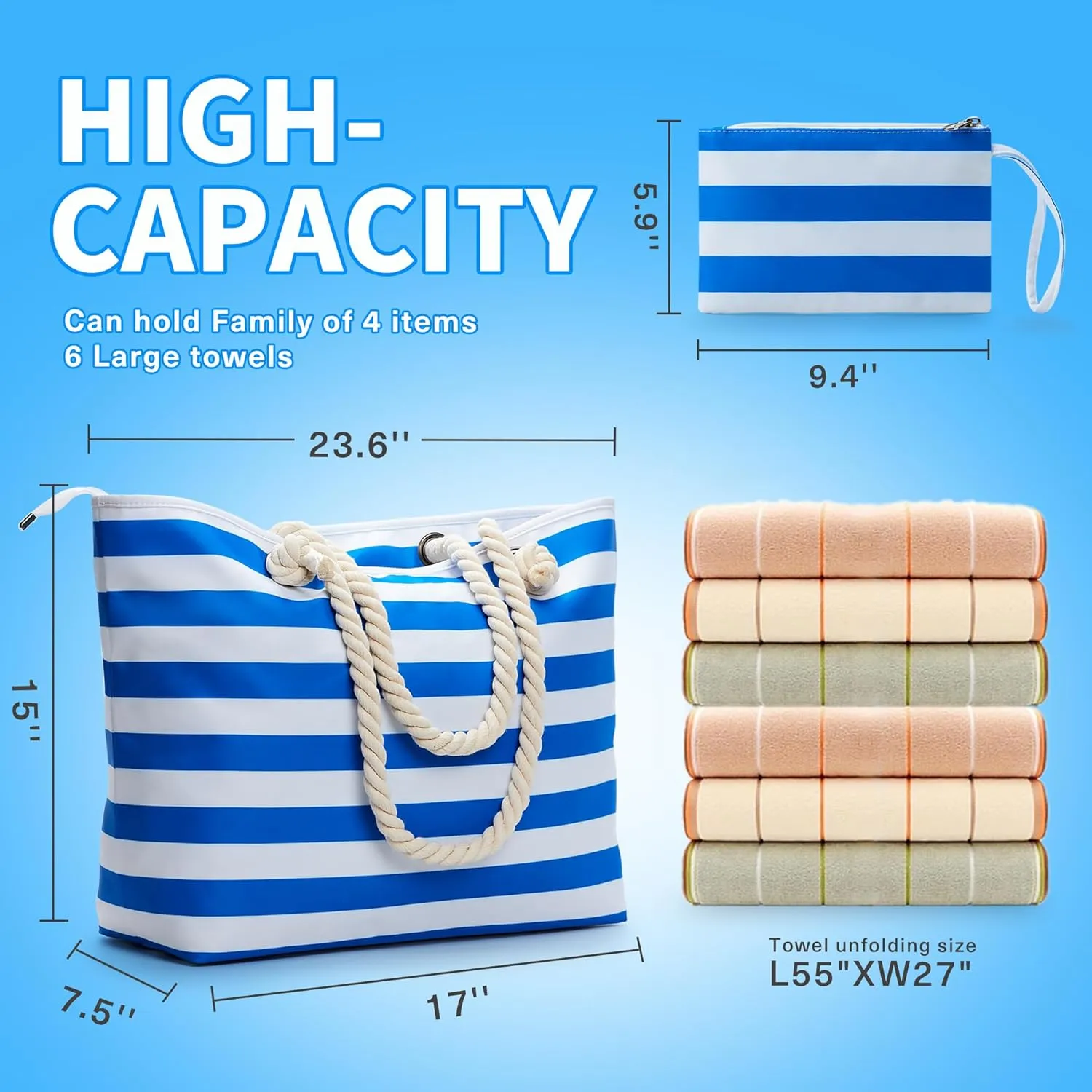 WLLWOO WLLWOO Beach Bags for Women, Extra Large Waterproof Sandproof Tote, Swim Pool Vacation Totes
