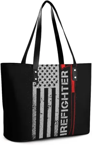 Women American Thin Red Line Flag Firefighter Black Top Handle Satchel Leather Hobo Handbag Large Volume Sling Shoulder Bag for Travel Work Shopping Multi Pockets Tote Purse