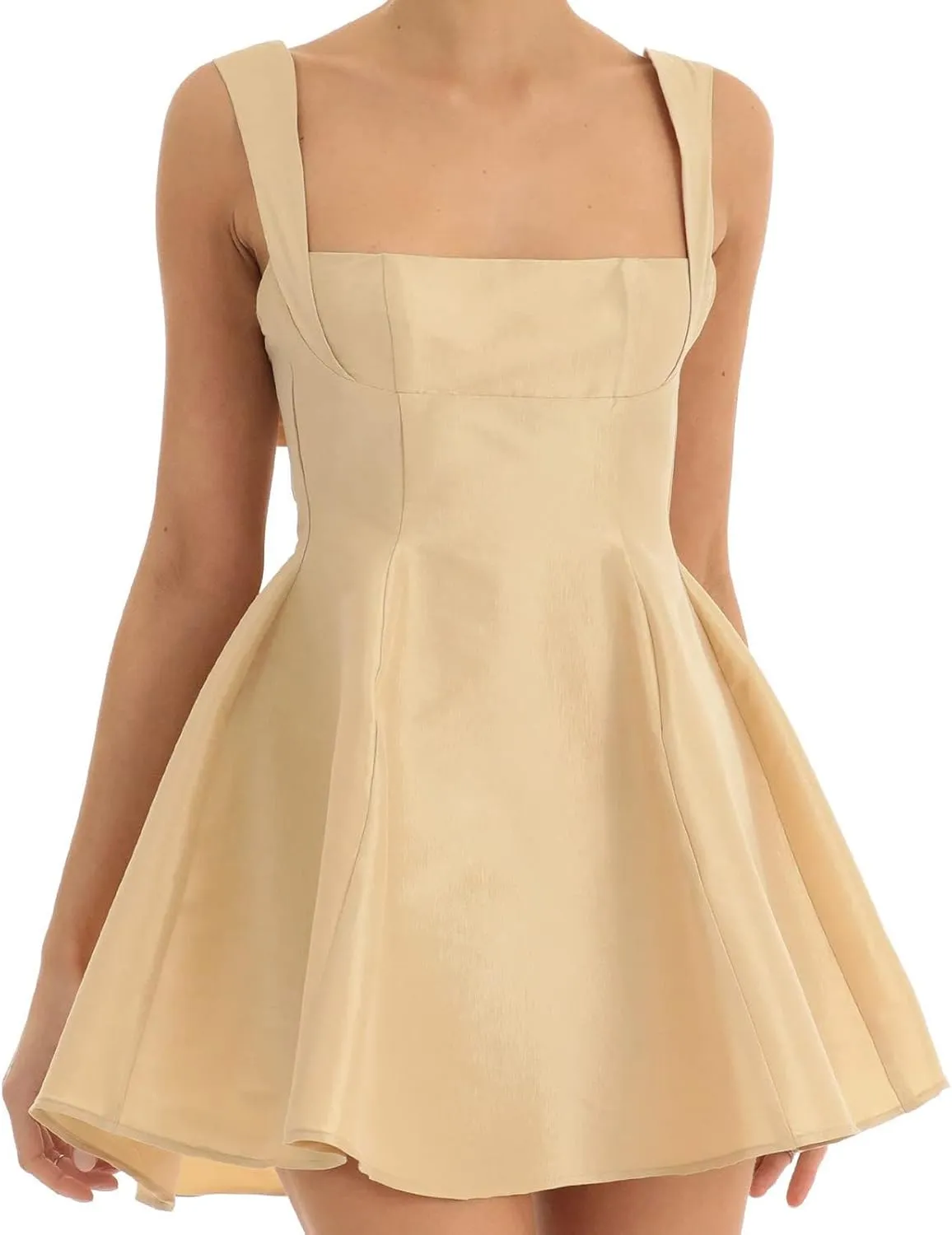 Women Backless Mini Dress Square Neck Bow Knot Tie Back Satin Flowy Short Tank Dress Party Graduation Dress