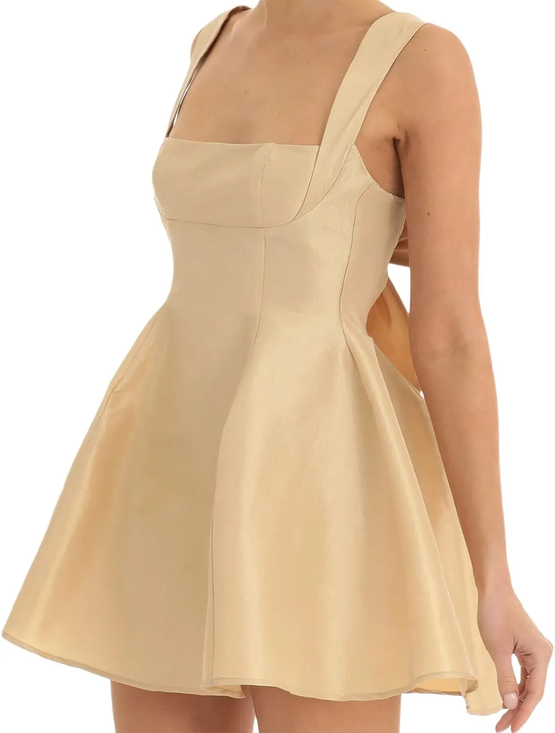 Women Backless Mini Dress Square Neck Bow Knot Tie Back Satin Flowy Short Tank Dress Party Graduation Dress