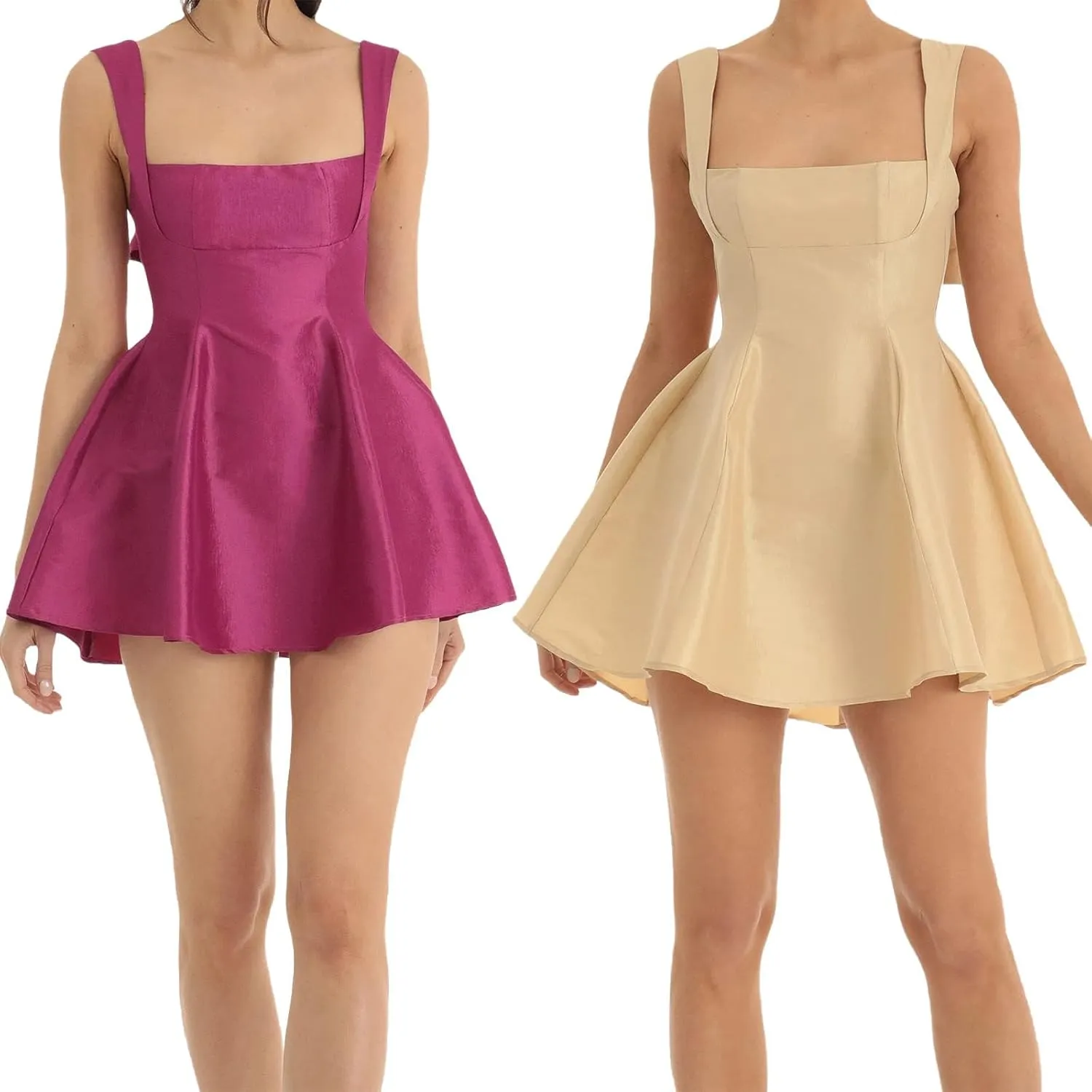 Women Backless Mini Dress Square Neck Bow Knot Tie Back Satin Flowy Short Tank Dress Party Graduation Dress