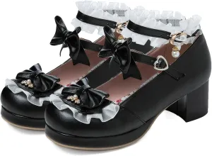 Women Cute Lolita Shoes Platform Mary Janes Kawaii Strappy Ankle Strap Sweet Pumps Lace Cross Tied Dress Pumps