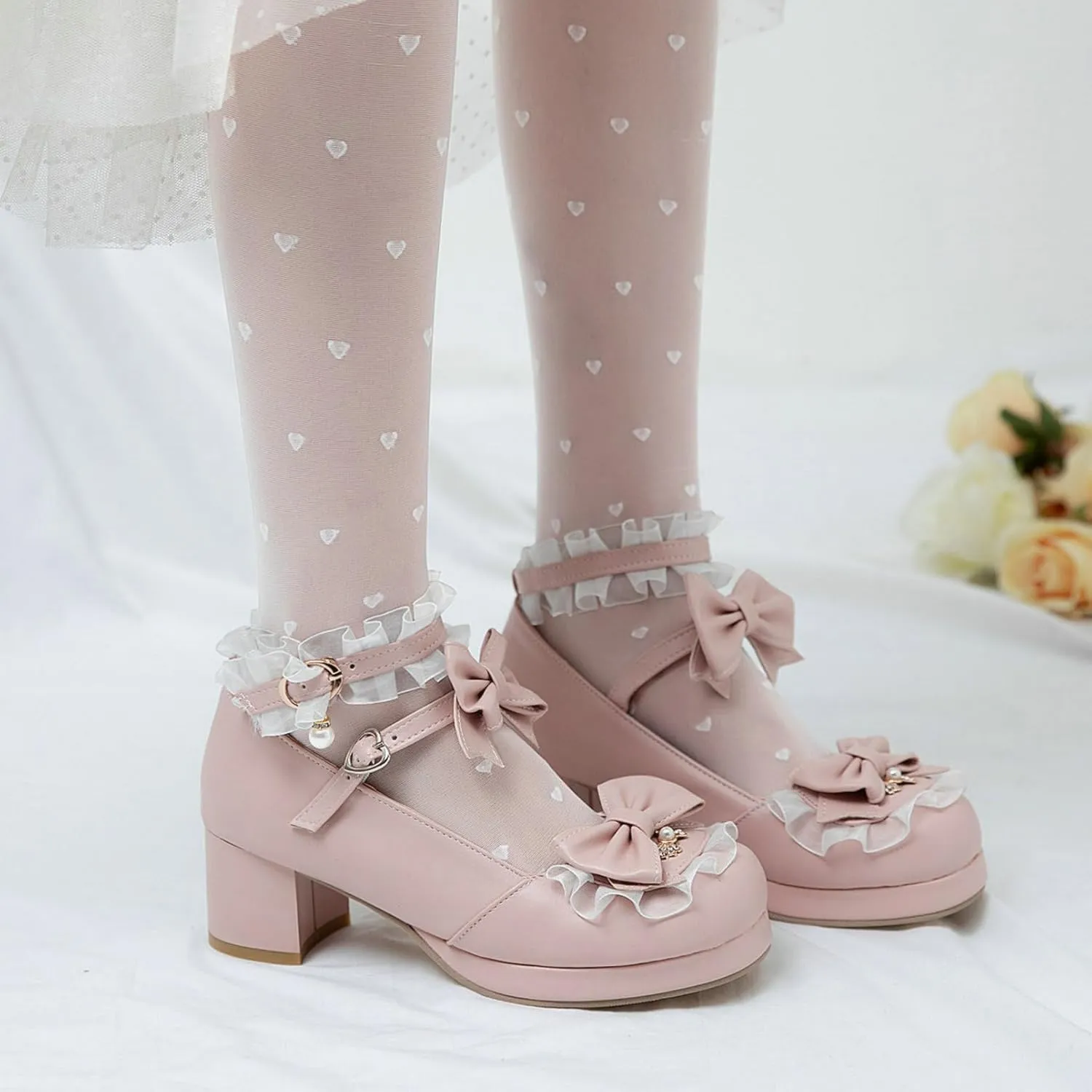 Women Cute Lolita Shoes Platform Mary Janes Kawaii Strappy Ankle Strap Sweet Pumps Lace Cross Tied Dress Pumps