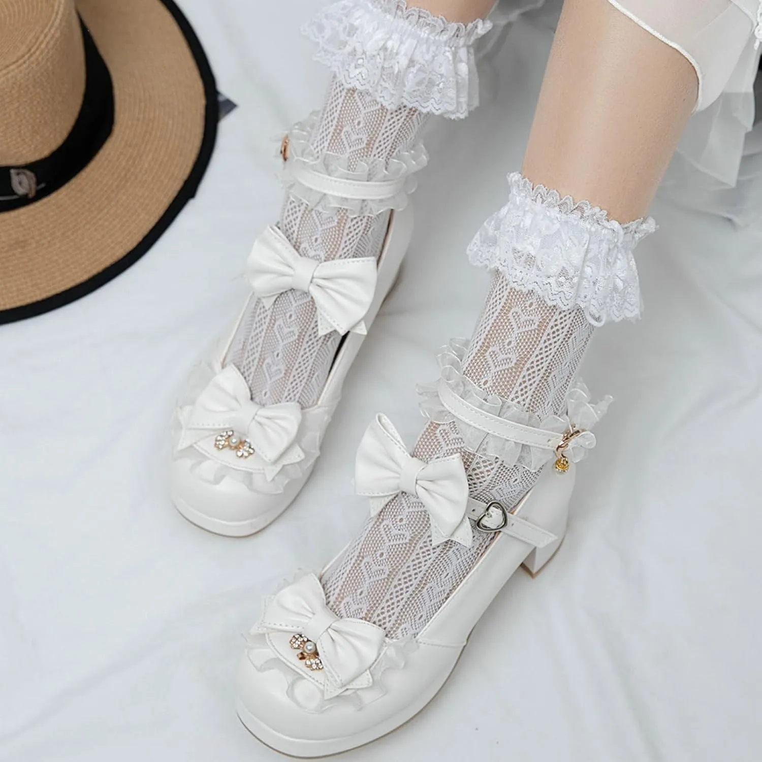 Women Cute Lolita Shoes Platform Mary Janes Kawaii Strappy Ankle Strap Sweet Pumps Lace Cross Tied Dress Pumps