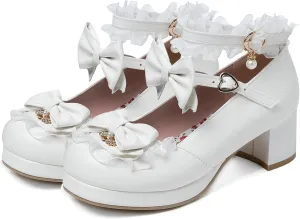 Women Cute Lolita Shoes Platform Mary Janes Kawaii Strappy Ankle Strap Sweet Pumps Lace Cross Tied Dress Pumps