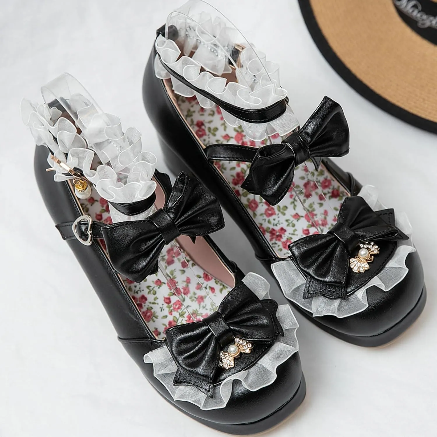 Women Cute Lolita Shoes Platform Mary Janes Kawaii Strappy Ankle Strap Sweet Pumps Lace Cross Tied Dress Pumps