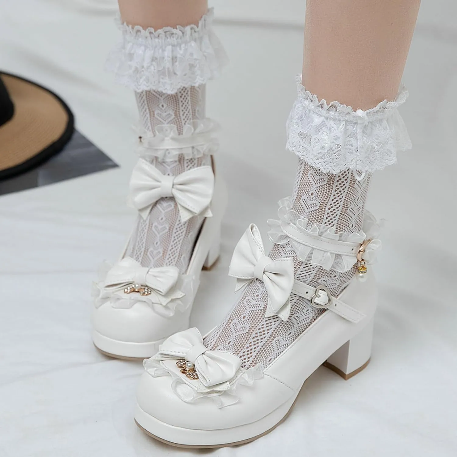 Women Cute Lolita Shoes Platform Mary Janes Kawaii Strappy Ankle Strap Sweet Pumps Lace Cross Tied Dress Pumps