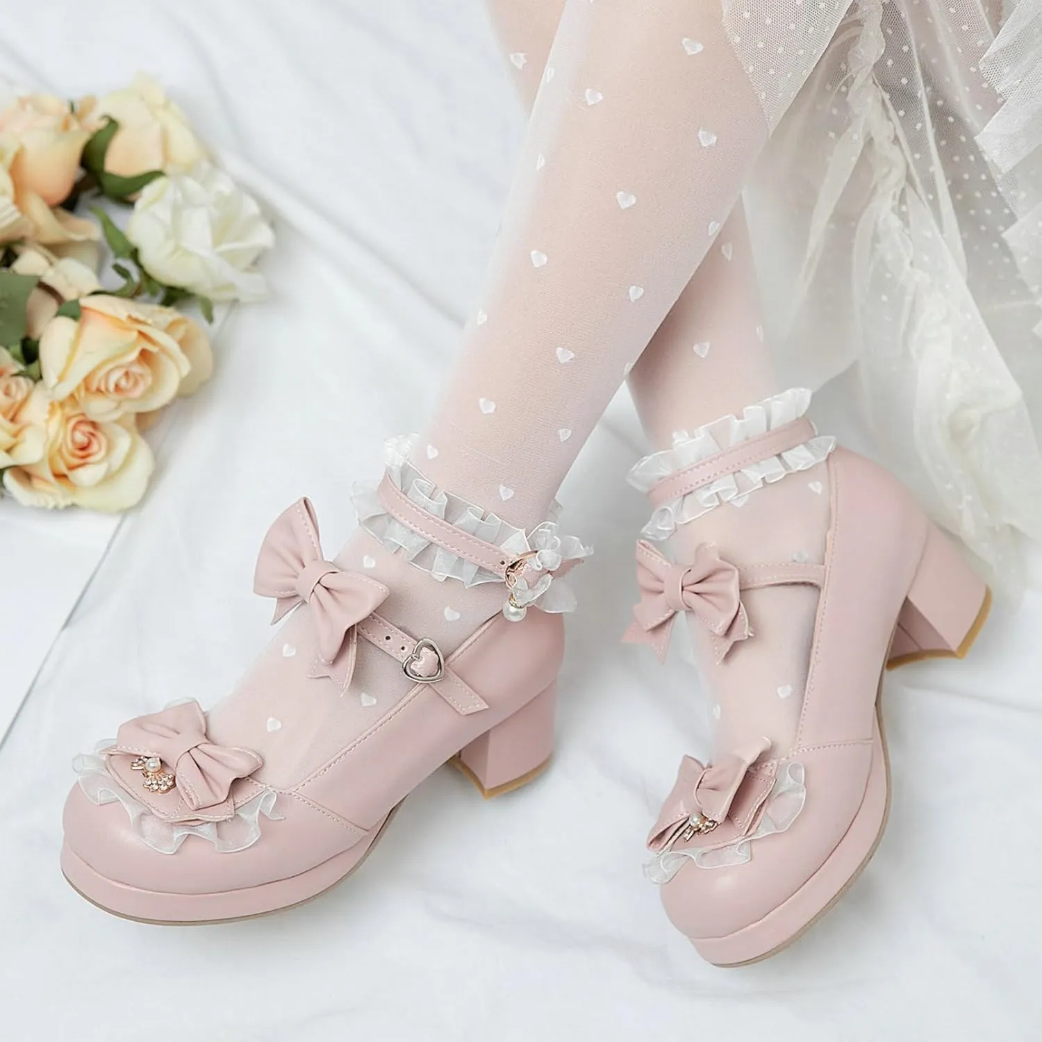 Women Cute Lolita Shoes Platform Mary Janes Kawaii Strappy Ankle Strap Sweet Pumps Lace Cross Tied Dress Pumps
