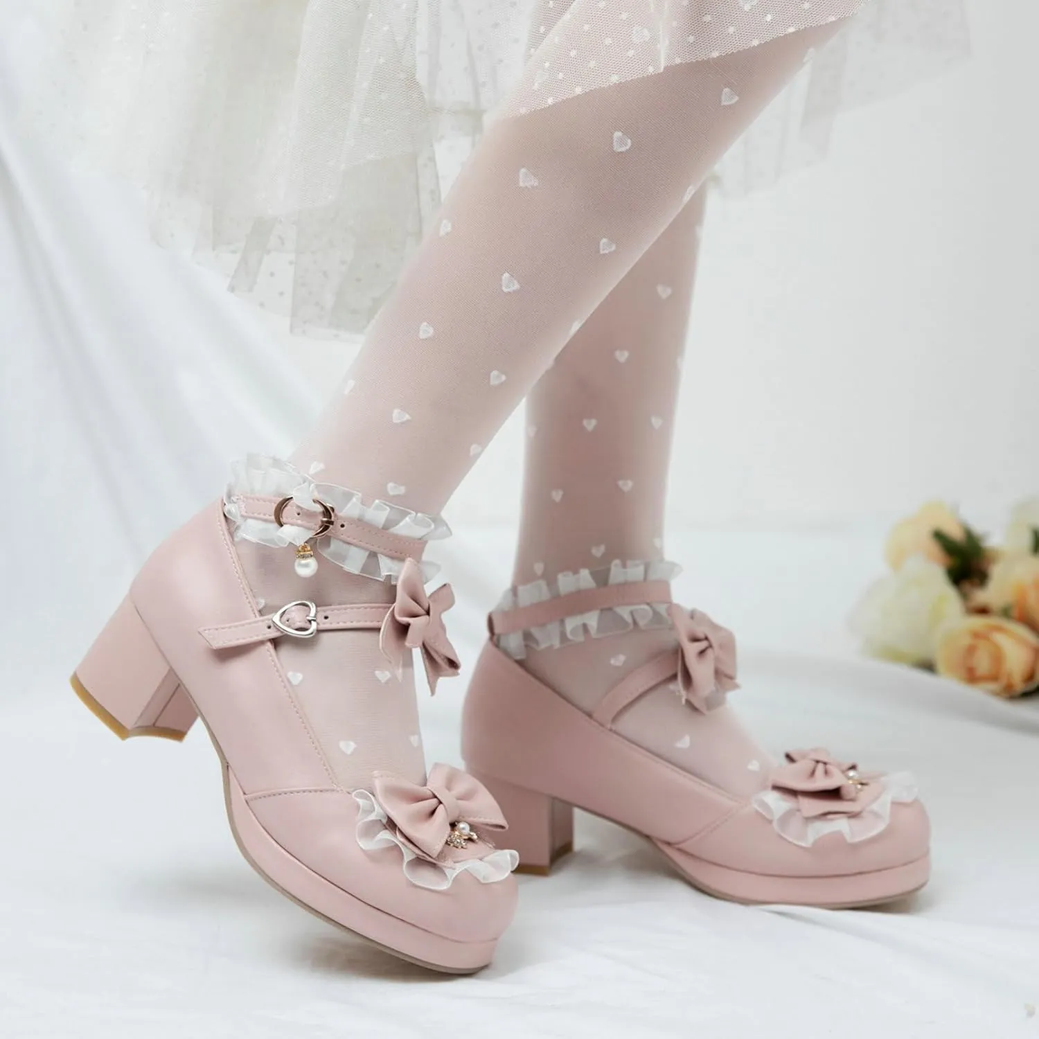 Women Cute Lolita Shoes Platform Mary Janes Kawaii Strappy Ankle Strap Sweet Pumps Lace Cross Tied Dress Pumps