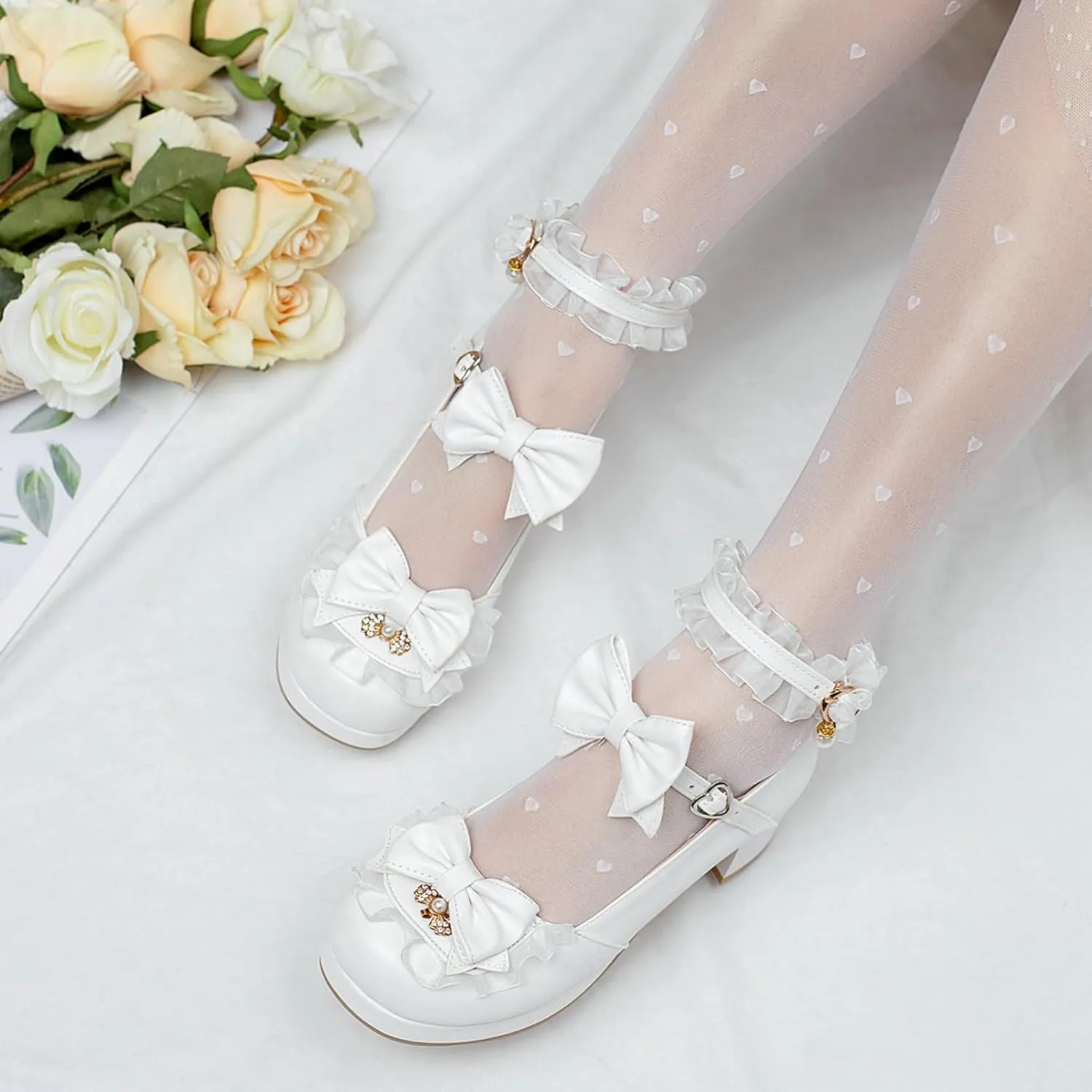 Women Cute Lolita Shoes Platform Mary Janes Kawaii Strappy Ankle Strap Sweet Pumps Lace Cross Tied Dress Pumps