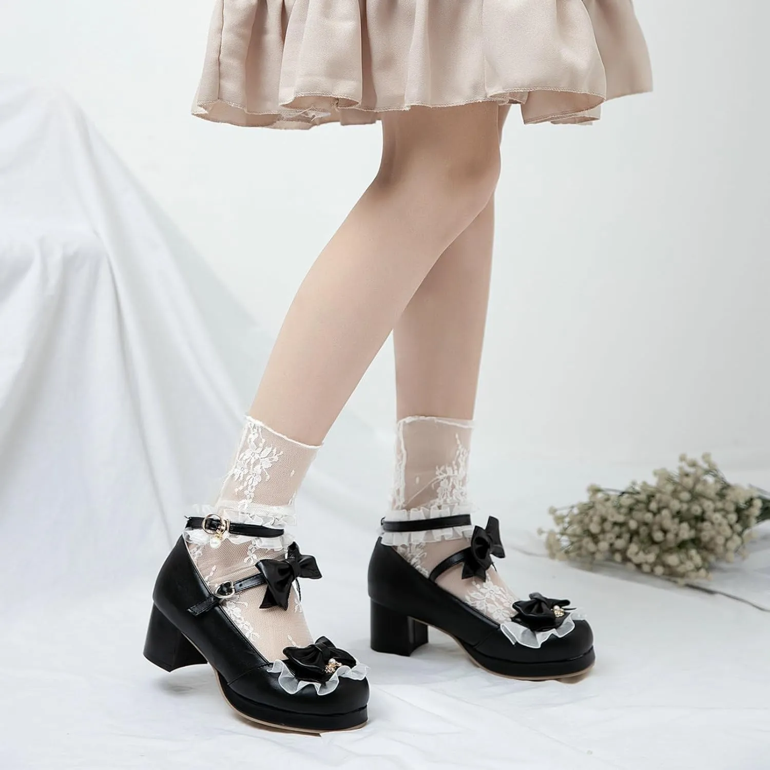 Women Cute Lolita Shoes Platform Mary Janes Kawaii Strappy Ankle Strap Sweet Pumps Lace Cross Tied Dress Pumps