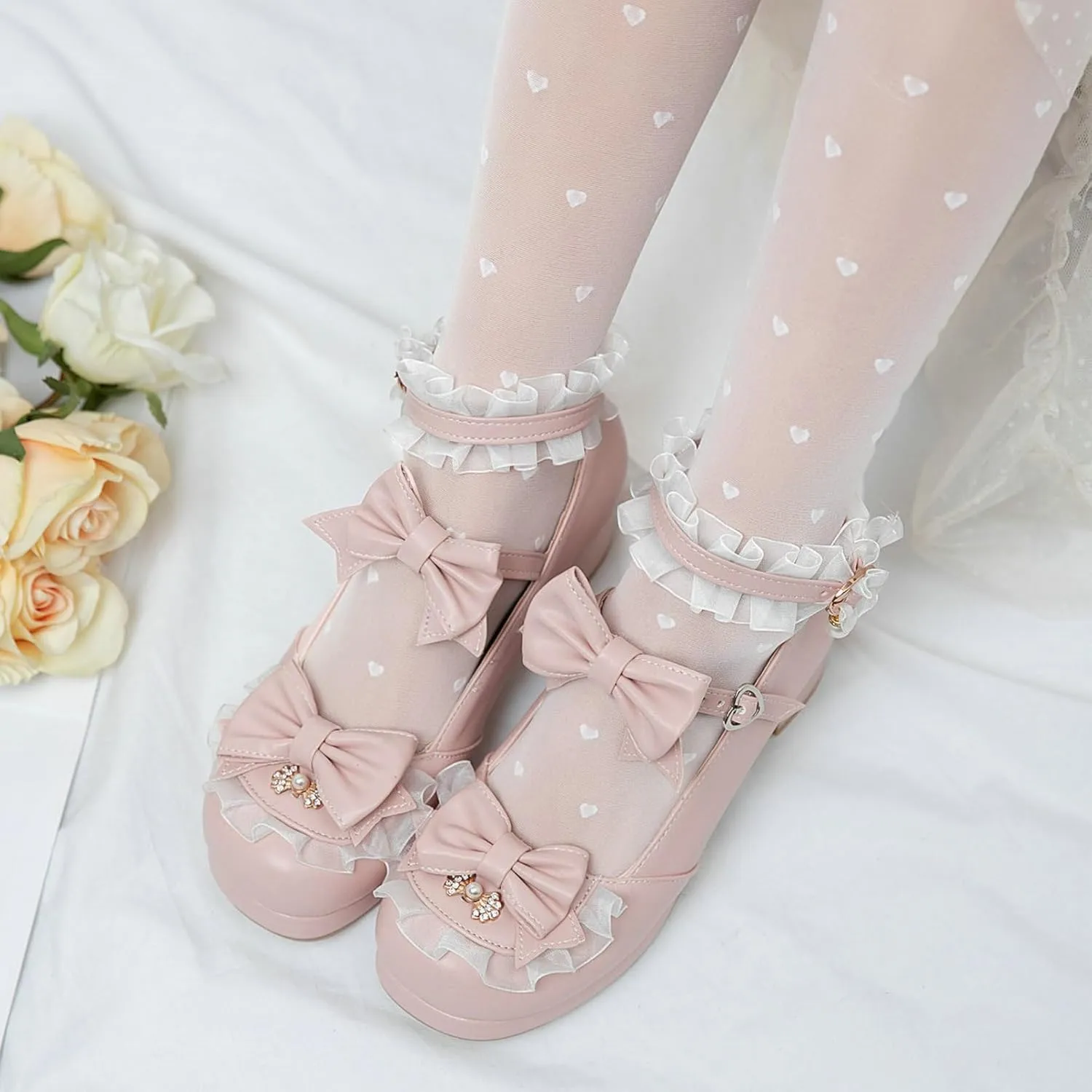 Women Cute Lolita Shoes Platform Mary Janes Kawaii Strappy Ankle Strap Sweet Pumps Lace Cross Tied Dress Pumps