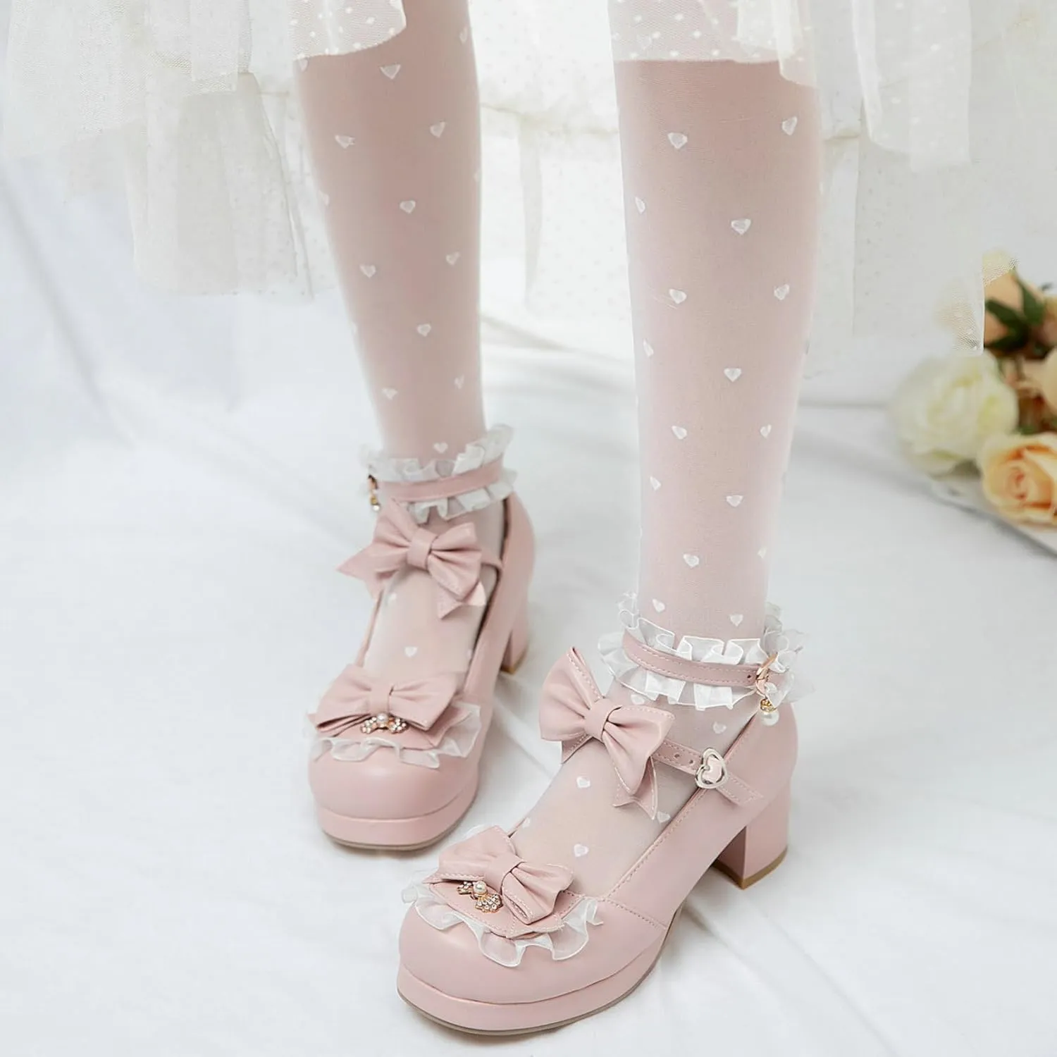 Women Cute Lolita Shoes Platform Mary Janes Kawaii Strappy Ankle Strap Sweet Pumps Lace Cross Tied Dress Pumps