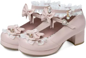 Women Cute Lolita Shoes Platform Mary Janes Kawaii Strappy Ankle Strap Sweet Pumps Lace Cross Tied Dress Pumps
