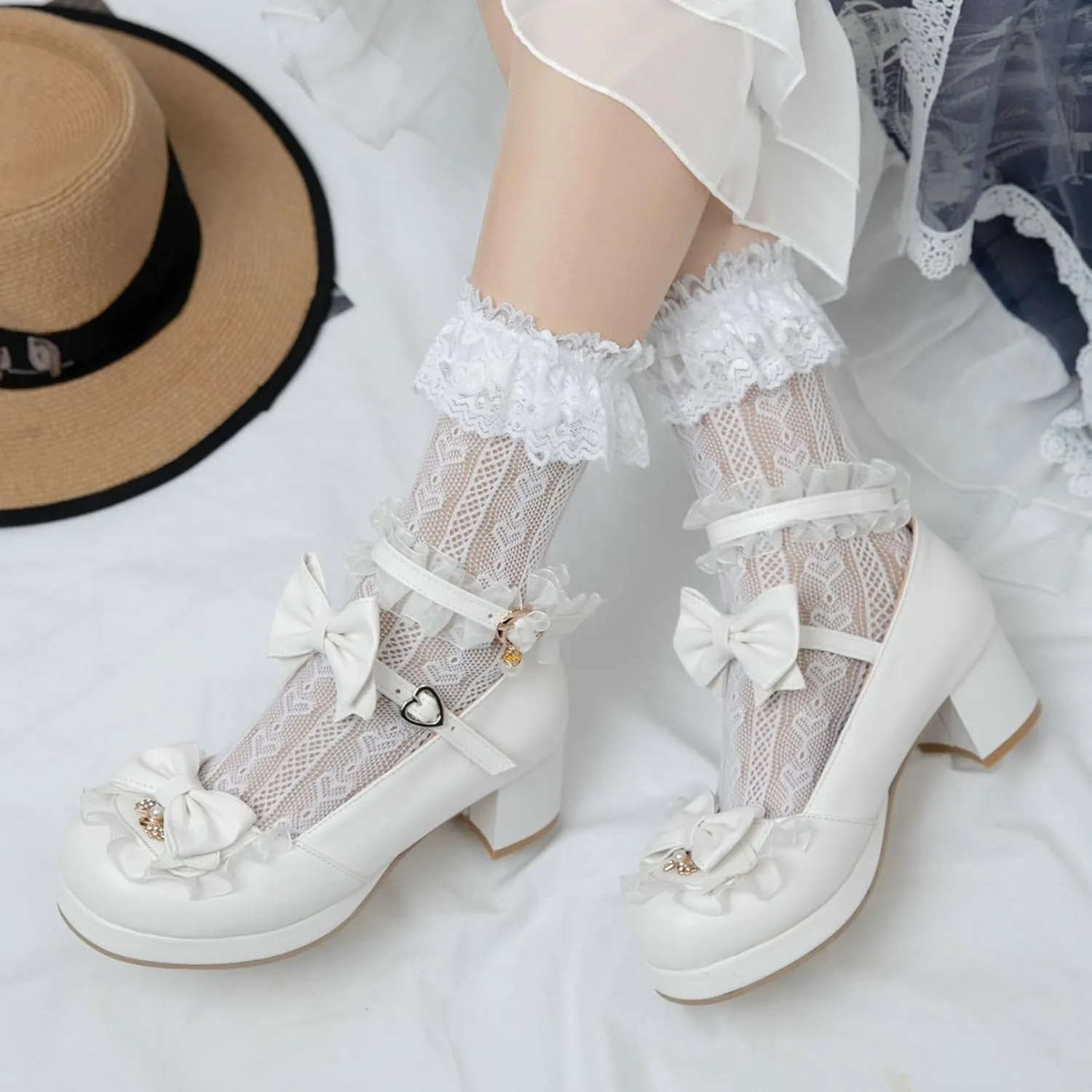 Women Cute Lolita Shoes Platform Mary Janes Kawaii Strappy Ankle Strap Sweet Pumps Lace Cross Tied Dress Pumps