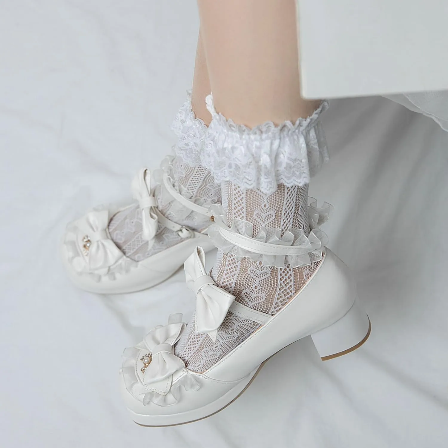 Women Cute Lolita Shoes Platform Mary Janes Kawaii Strappy Ankle Strap Sweet Pumps Lace Cross Tied Dress Pumps