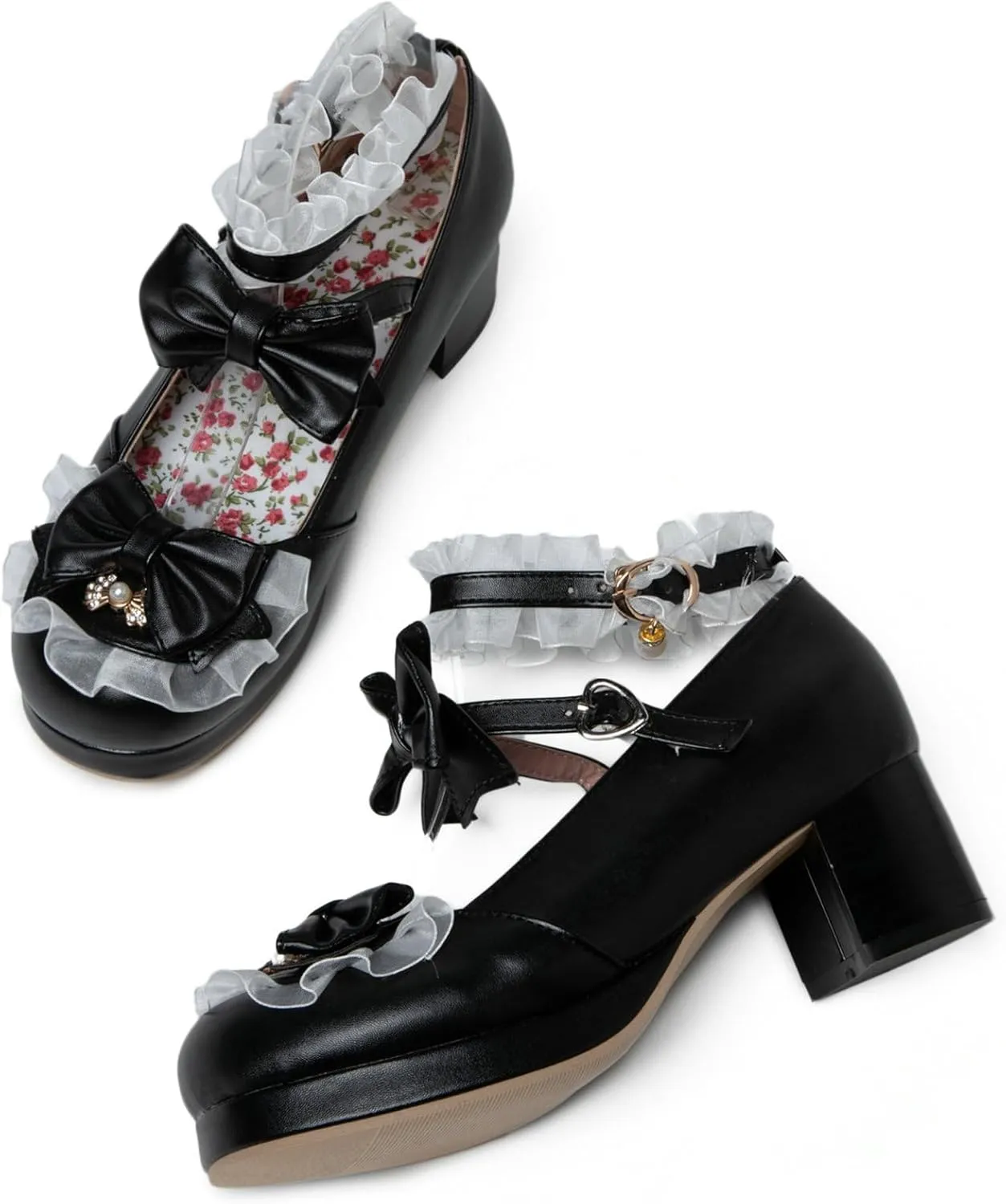 Women Cute Lolita Shoes Platform Mary Janes Kawaii Strappy Ankle Strap Sweet Pumps Lace Cross Tied Dress Pumps