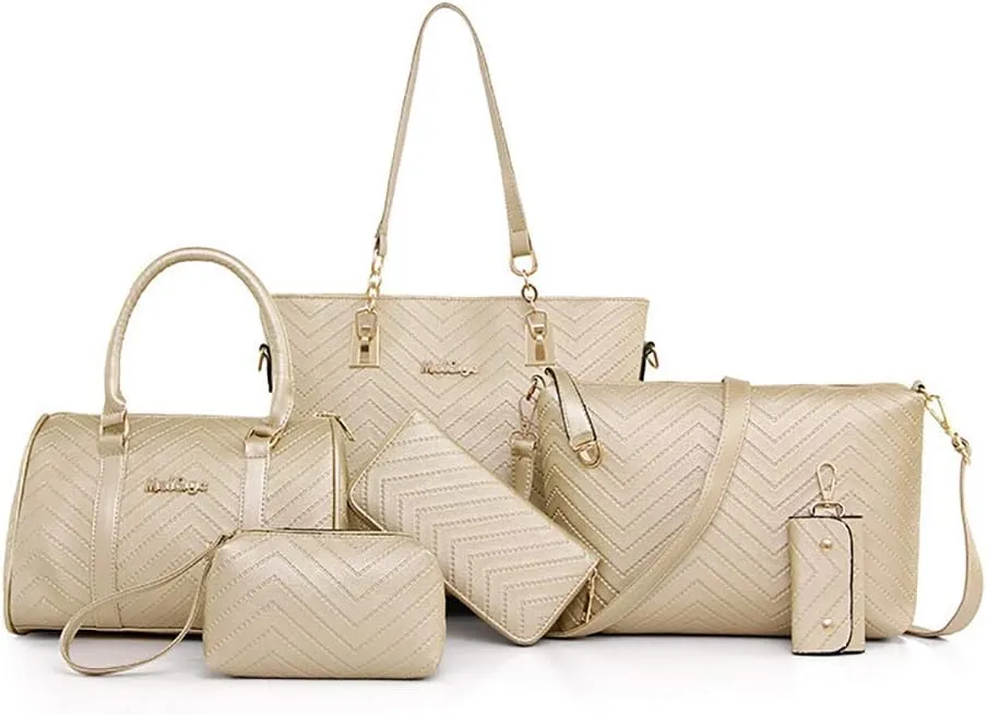 Women Handbags Set 6 Pcs PU Leather Top Handle Purse Shoulder Crossbody Bag Sets