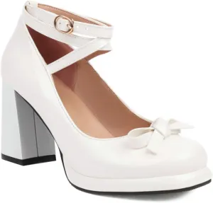 Women Platform Mary Jane Pumps Cross Ankle Strap Sweet Bow Square Toe Fashion Chunky High Heel Shoes
