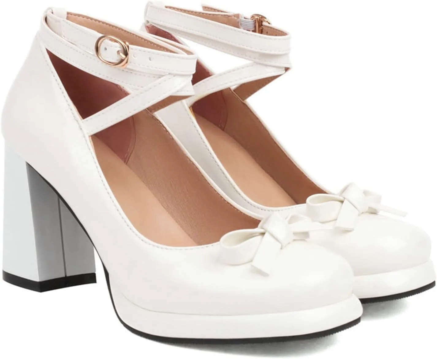 Women Platform Mary Jane Pumps Cross Ankle Strap Sweet Bow Square Toe Fashion Chunky High Heel Shoes