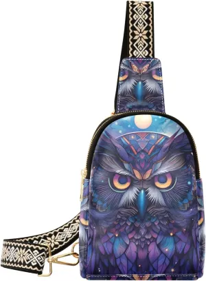 Women Sling Bag with Adjustable Strap Zipper Closure-Purple Mystical Owl Print, PU Leather Water Resistant Crossbody Fanny Pack Purse Chest Bag