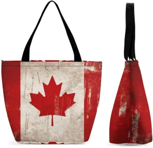 Women Tote Bags with Handles Retro Canada Flag Shoulder Bag with Zipper Handbags Shopping Bags Travel Bag Beach Bag Reusable Grocery Bag for Swim Holiday Gift
