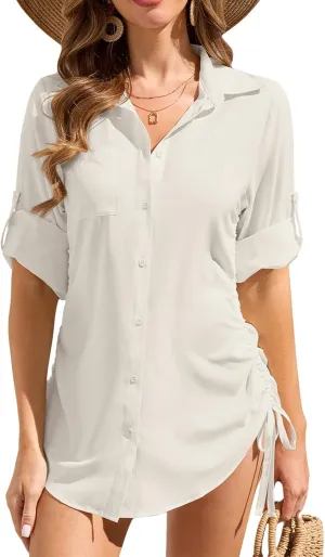 Womens Bathing Suit Cover Ups Swimsuit Coverup UPF 50 Long Sleeve UV Sun Protection Shirts Button Down Dress Shirt