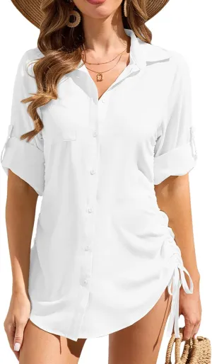 Womens Bathing Suit Cover Ups Swimsuit Coverup UPF 50 Long Sleeve UV Sun Protection Shirts Button Down Dress Shirt