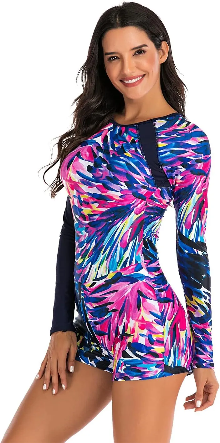 Womens Boyleg One Piece Swimsuit Athletic Swimwear Long Sleeve Sun Protection Bathing Suit