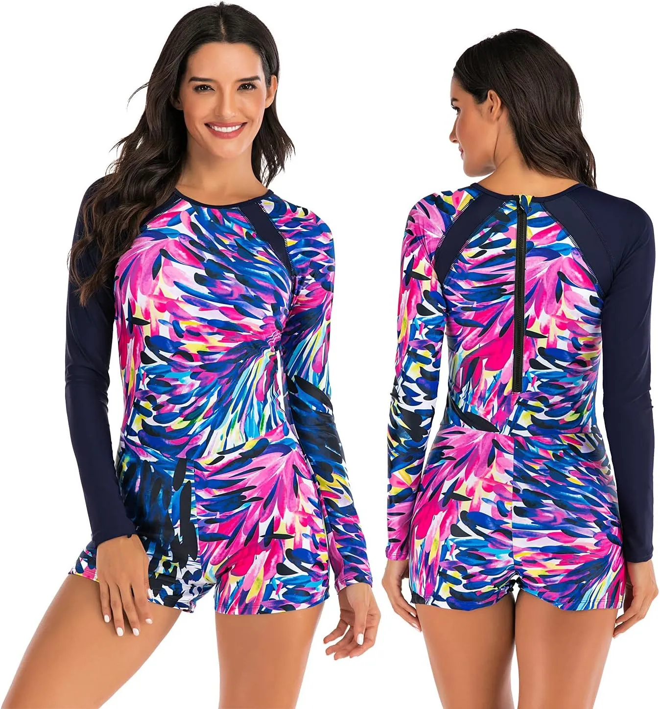 Womens Boyleg One Piece Swimsuit Athletic Swimwear Long Sleeve Sun Protection Bathing Suit