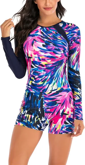 Womens Boyleg One Piece Swimsuit Athletic Swimwear Long Sleeve Sun Protection Bathing Suit