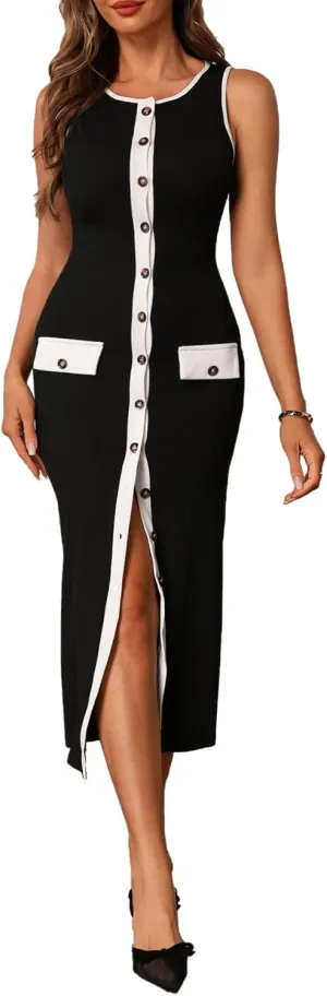Women's Button Down Color Block Maxi Dress Sleeveless Crew Neck Business Casual Dresses