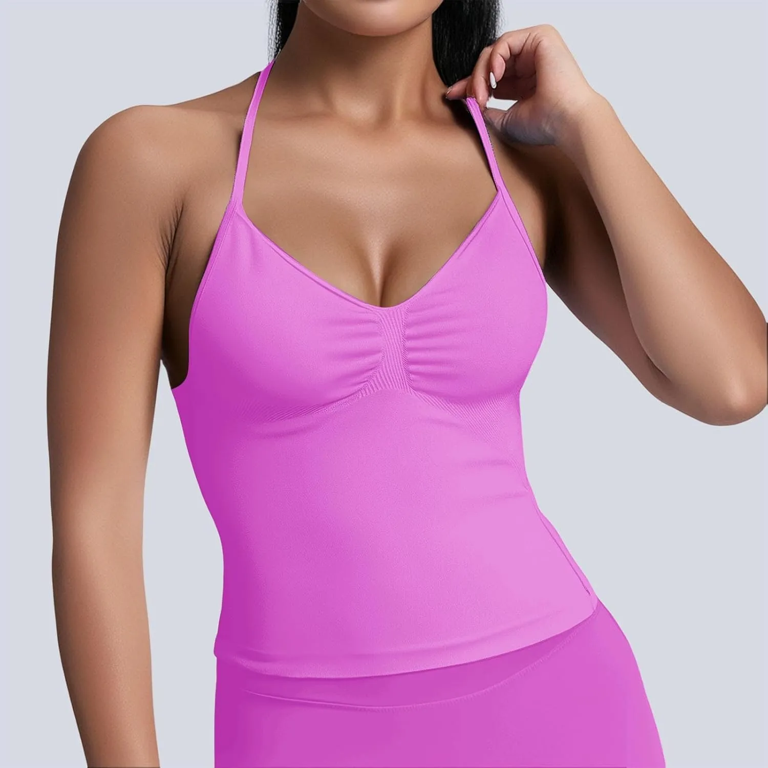 Womens Impact Longline Strappy Top Sexy Halter V Neck Ruched Cami Top Bra Double Layer Fitted Sports Tank Crop Tops