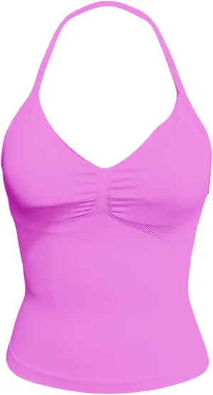 Womens Impact Longline Strappy Top Sexy Halter V Neck Ruched Cami Top Bra Double Layer Fitted Sports Tank Crop Tops