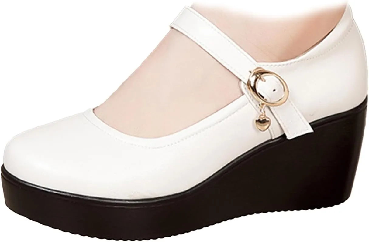 Women's Leather Fashion Wedge Heel Mary Janes with Adjustable Ankle Strap Comfort Non Slip Platform Mom Shoes for Casual Shopping Outdoor