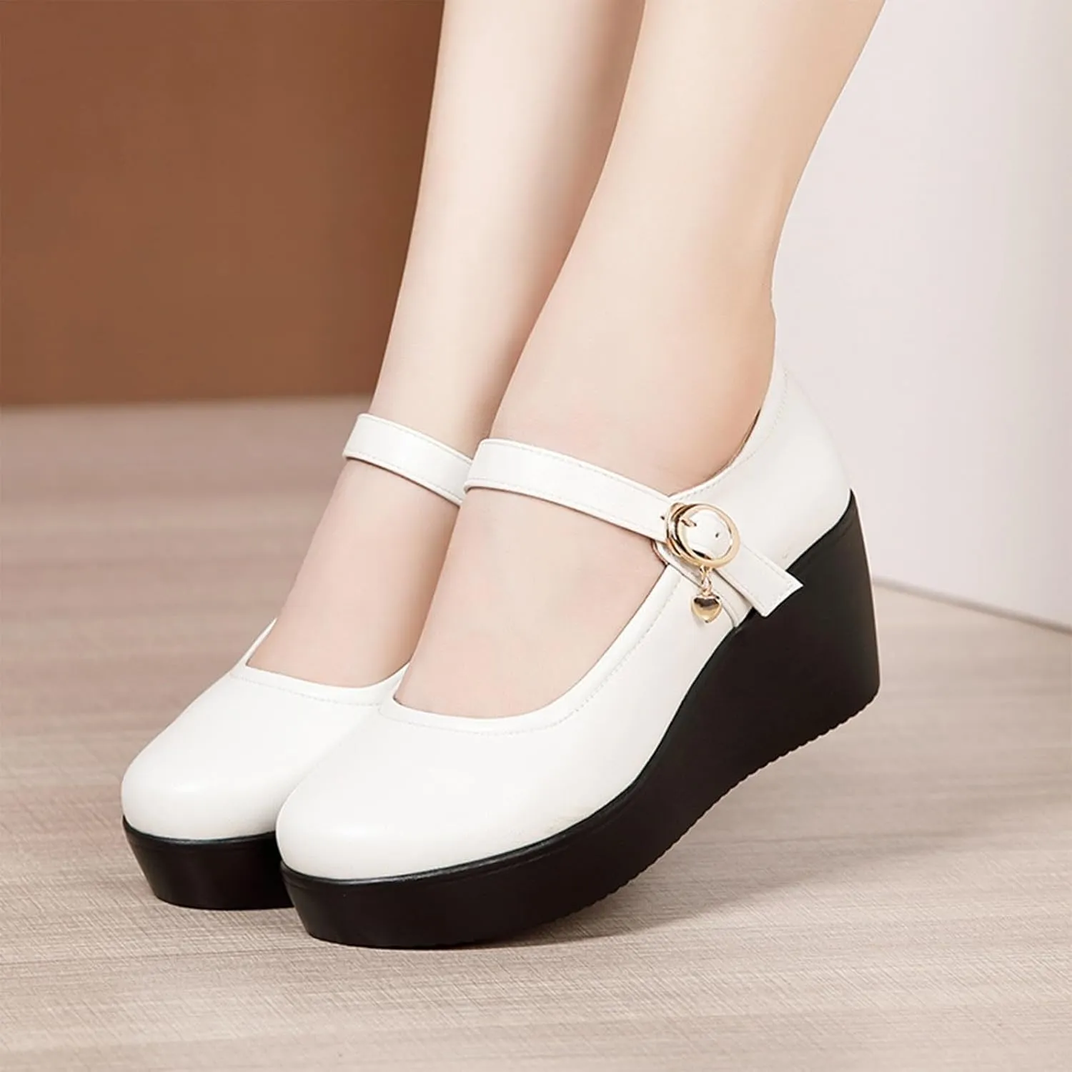 Women's Leather Fashion Wedge Heel Mary Janes with Adjustable Ankle Strap Comfort Non Slip Platform Mom Shoes for Casual Shopping Outdoor