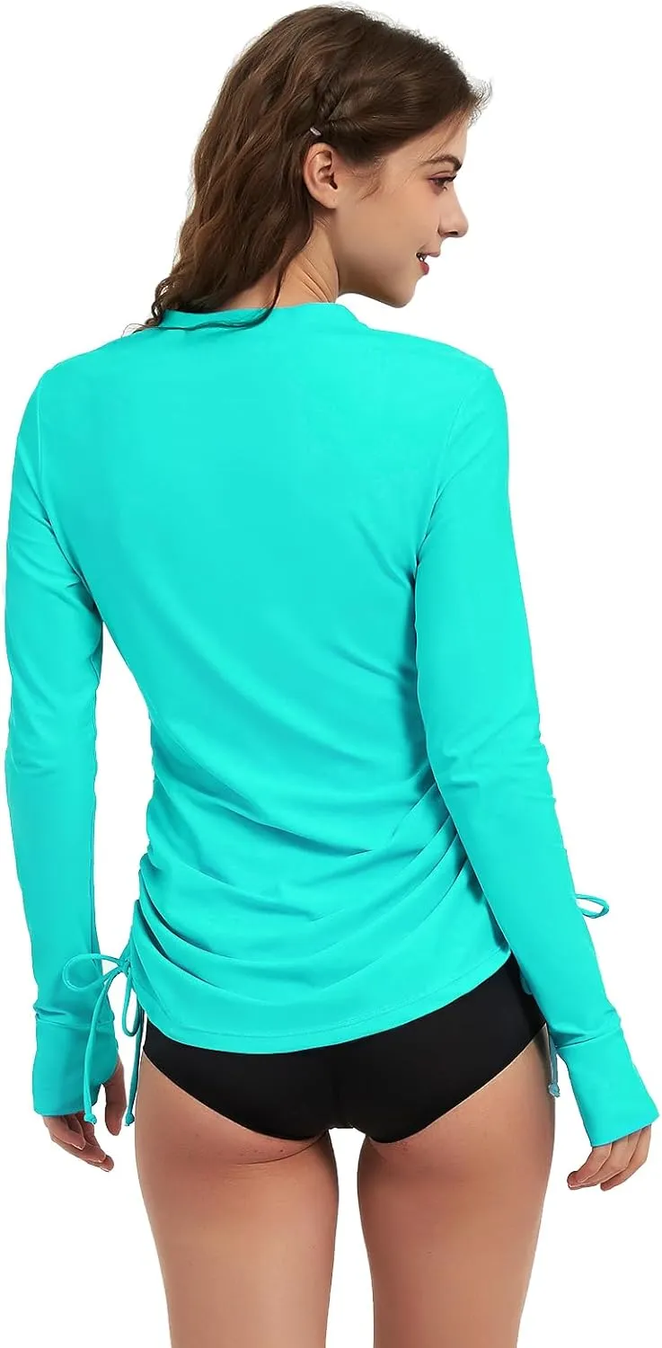 Women's Rash Guard Long Sleeve Sun Protection Clothing Half Zip Swim Shirt Side Adjustable Swimsuit Tops