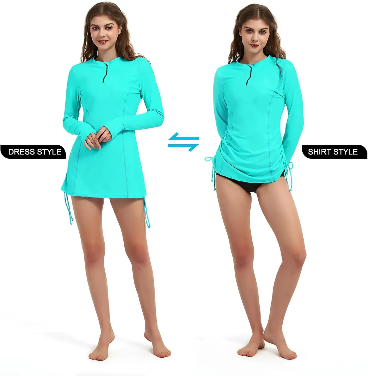 Women's Rash Guard Long Sleeve Sun Protection Clothing Half Zip Swim Shirt Side Adjustable Swimsuit Tops