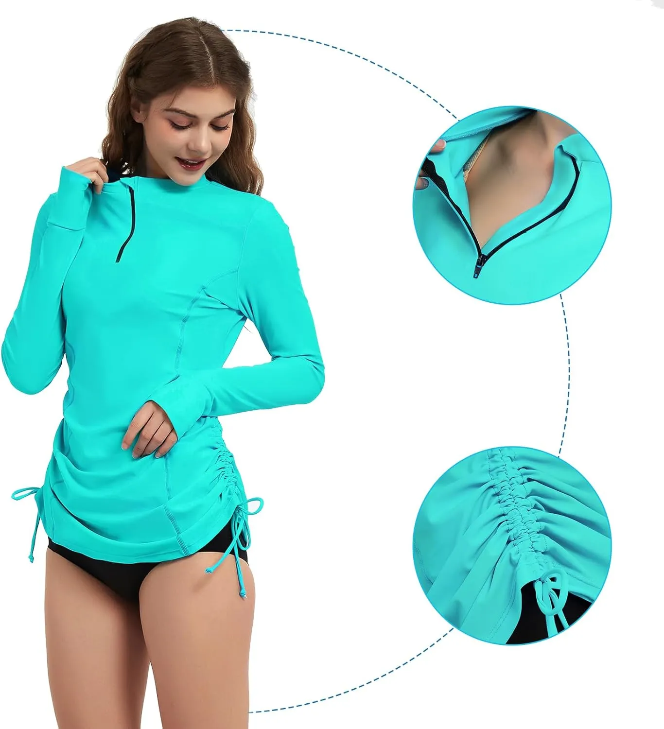 Women's Rash Guard Long Sleeve Sun Protection Clothing Half Zip Swim Shirt Side Adjustable Swimsuit Tops