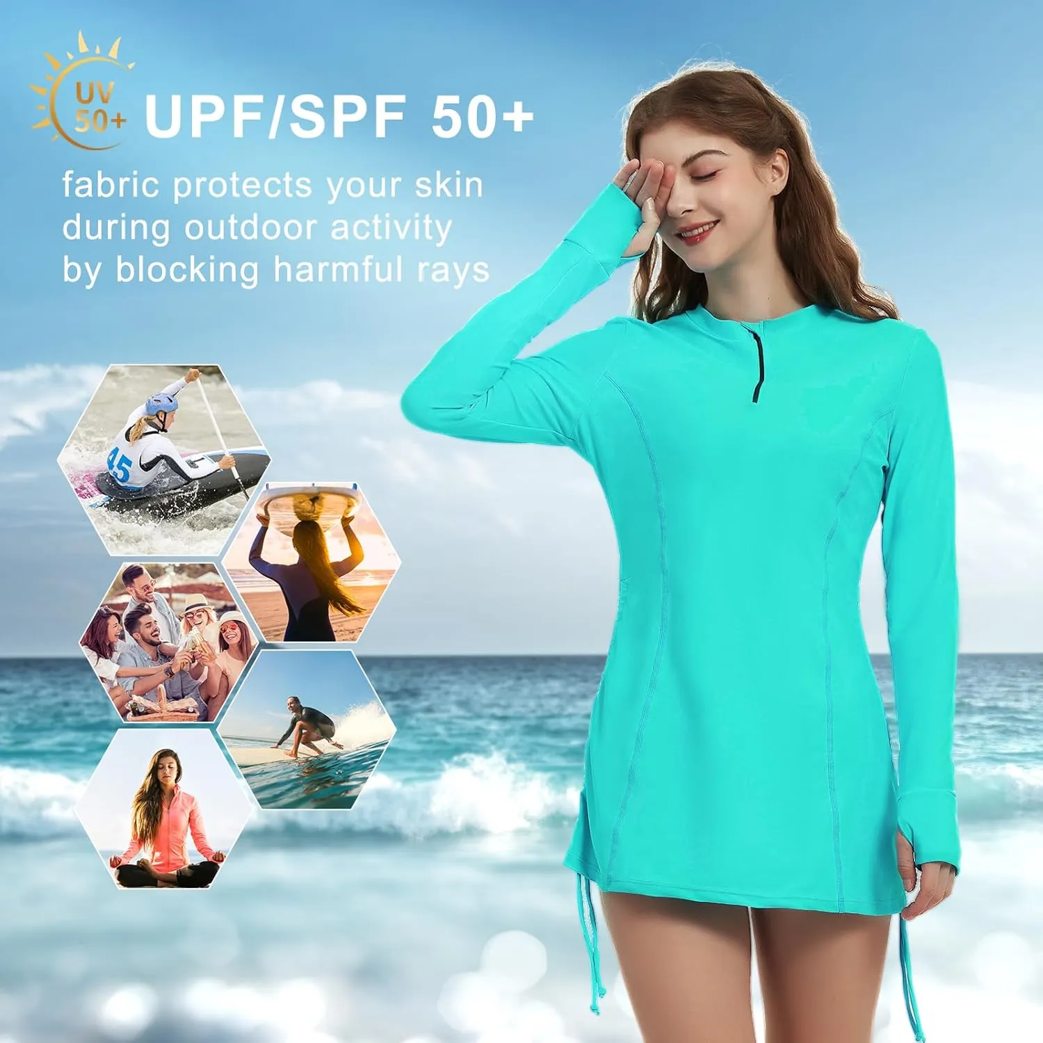 Women's Rash Guard Long Sleeve Sun Protection Clothing Half Zip Swim Shirt Side Adjustable Swimsuit Tops