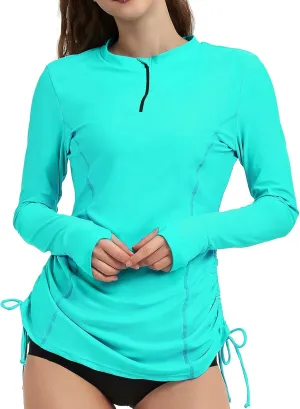 Women's Rash Guard Long Sleeve Sun Protection Clothing Half Zip Swim Shirt Side Adjustable Swimsuit Tops
