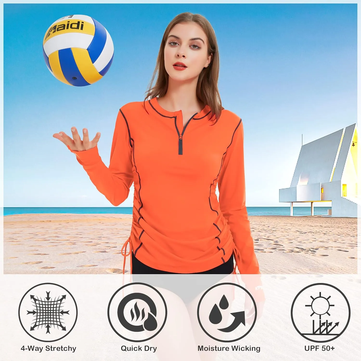 Womens Rash Guard UPF 50  UV Sun Protection Side Adjustable Long Sleeve Swim Shirt Half Zip Surfing Fishing Shirt