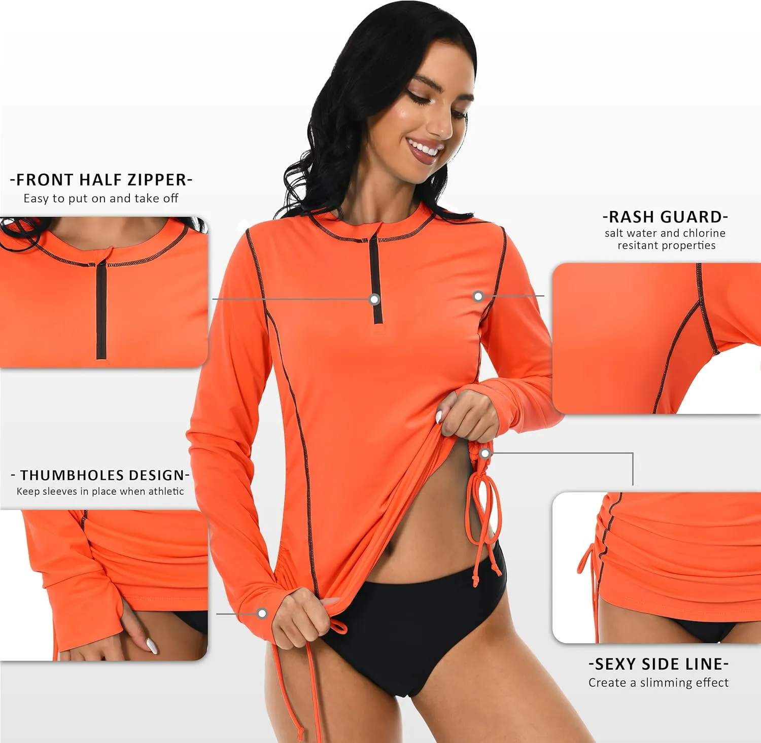 Womens Rash Guard UPF 50  UV Sun Protection Side Adjustable Long Sleeve Swim Shirt Half Zip Surfing Fishing Shirt