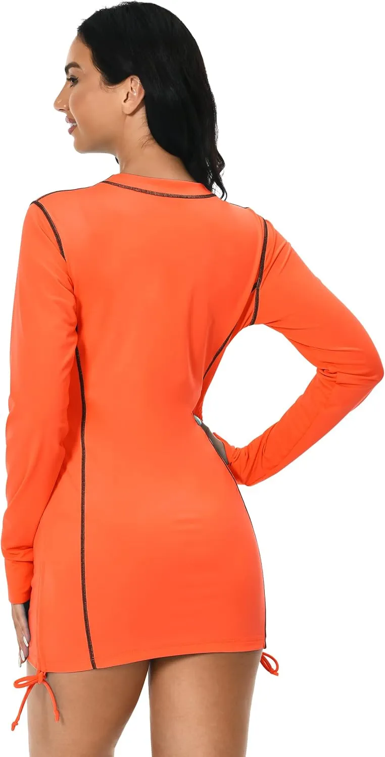 Womens Rash Guard UPF 50  UV Sun Protection Side Adjustable Long Sleeve Swim Shirt Half Zip Surfing Fishing Shirt