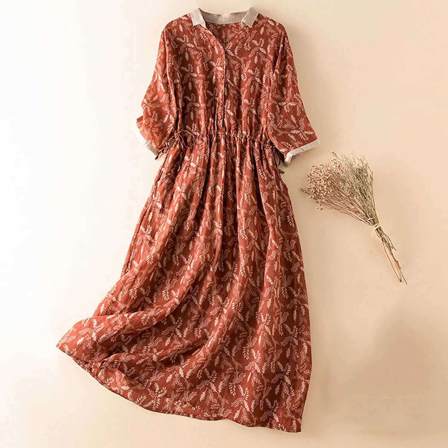 Womens Short Sleeve Lightweight Midi Dresses Cute Flower Graphic Print Sundress Tie Front Cotton Linen Dresses