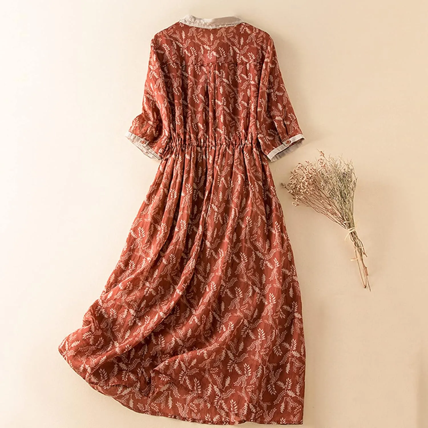 Womens Short Sleeve Lightweight Midi Dresses Cute Flower Graphic Print Sundress Tie Front Cotton Linen Dresses