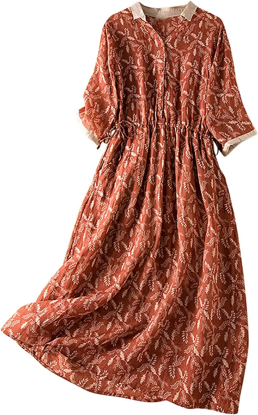 Womens Short Sleeve Lightweight Midi Dresses Cute Flower Graphic Print Sundress Tie Front Cotton Linen Dresses