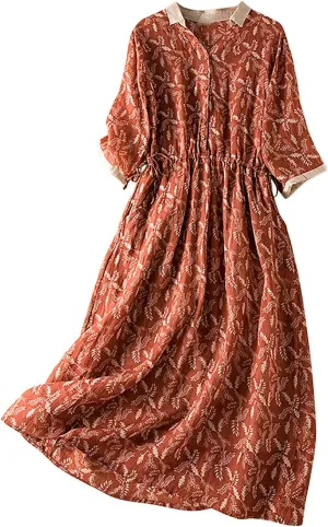 Womens Short Sleeve Lightweight Midi Dresses Cute Flower Graphic Print Sundress Tie Front Cotton Linen Dresses
